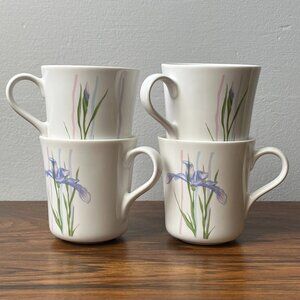 4 Vintage Corelle Shadow Iris Stoneware Coffee Mugs White Floral
